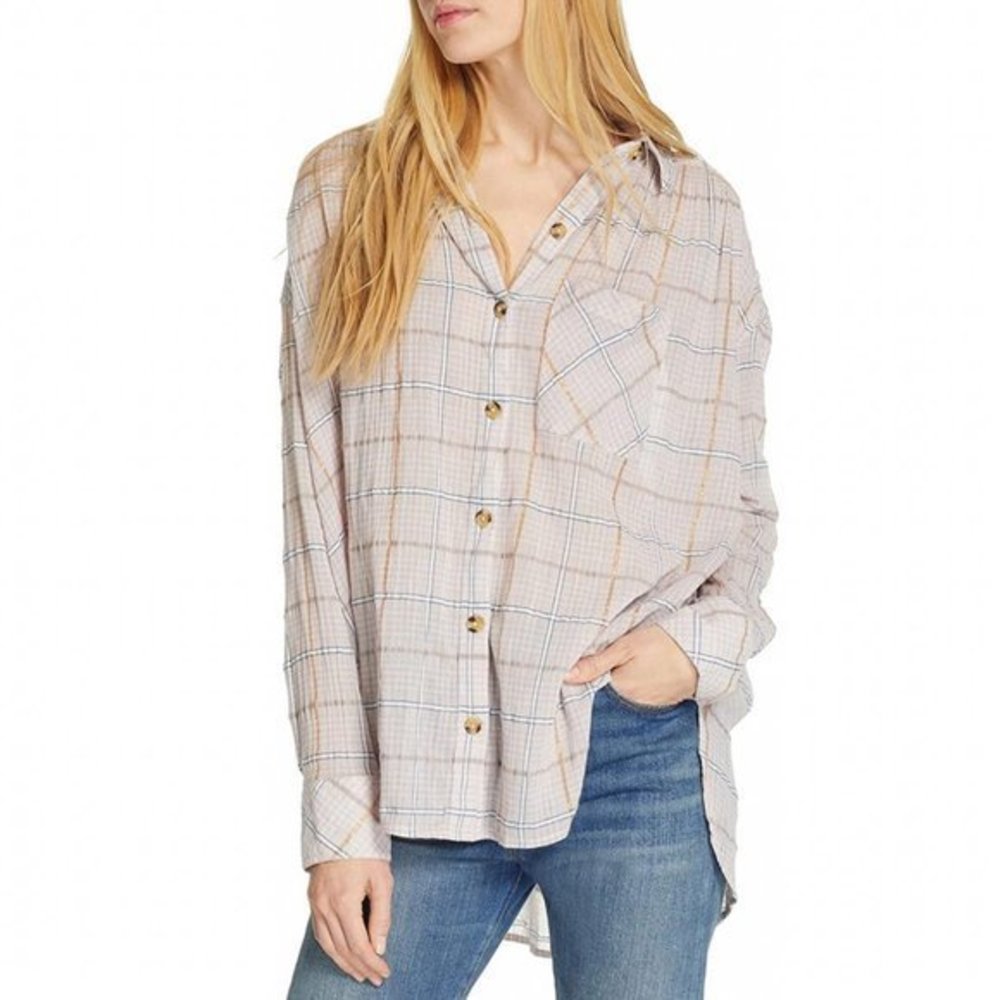 Free People Break My Stride Button Down Oversize Gauzy Plaid Shirt Sz‎ XS Boho